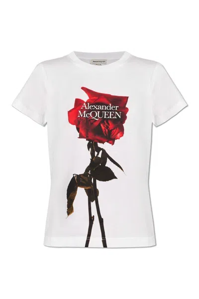 Shop Alexander Mcqueen Shadow Rose Crewneck Fitted T-shirt In White