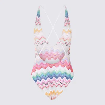 Shop Missoni Wave-pattern V-neck High Cut Swimsuit In White