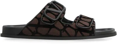 Shop Valentino Garavani - Vlogo Leather And Fabric Slides In Marrone Scuro