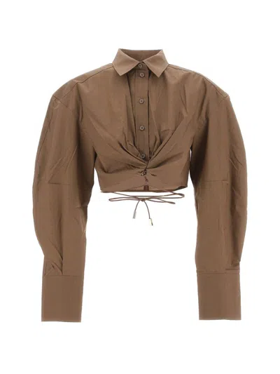 Jacquemus Plidao Cropped Embellished Cotton-blend Poplin Shirt In Brown