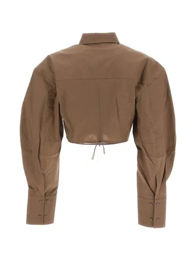 Jacquemus Plidao Cropped Embellished Cotton-blend Poplin Shirt In Brown
