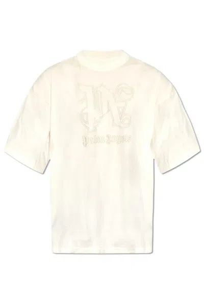 Shop Palm Angels Monogram Embroidered Crewneck T-shirt In Off White