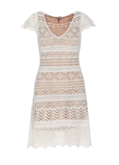 Shop Twinset Lace Effect Mini Knit Dress In Neve
