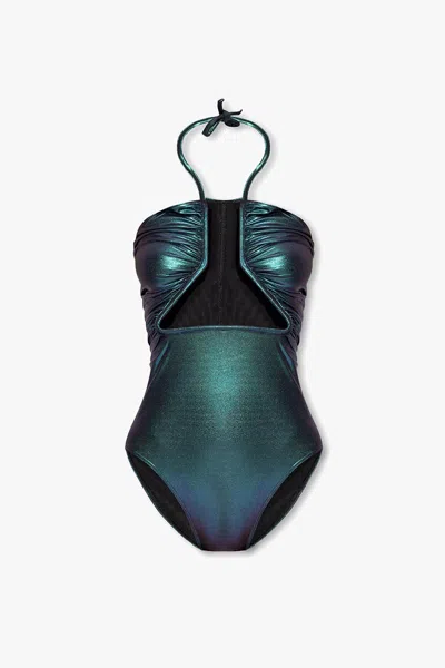 Rick Owens Prong Iridescent One Piece Swimsuit In Green