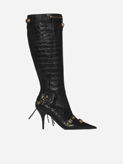 Balenciaga Cagole White Pointed High-boots With Studs And Buckles In Leather Woman In Black