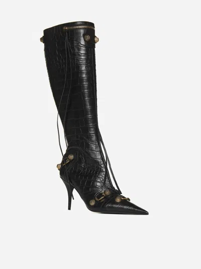 Balenciaga Cagole White Pointed High-boots With Studs And Buckles In Leather Woman In Black