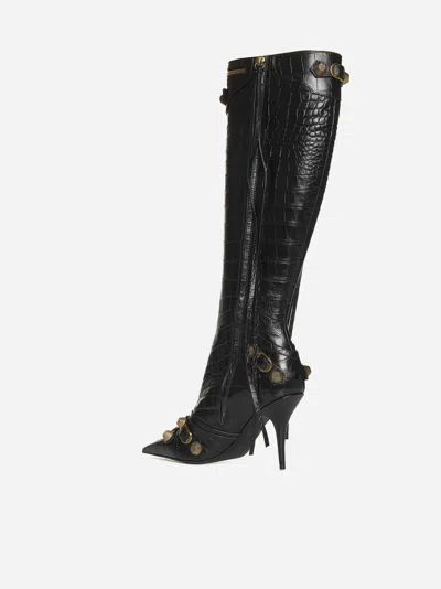 Balenciaga Cagole White Pointed High-boots With Studs And Buckles In Leather Woman In Black