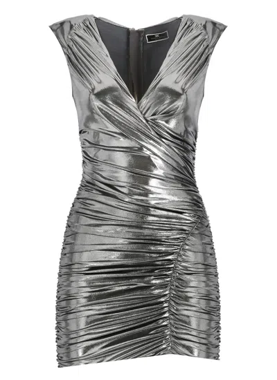 Shop Elisabetta Franchi Metallic Jersey Short Dress In Piombo