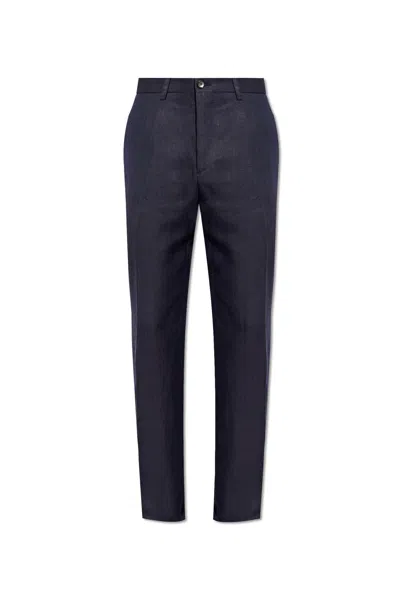 Shop Etro Linen Pleat-front Trousers In Blu Scuro