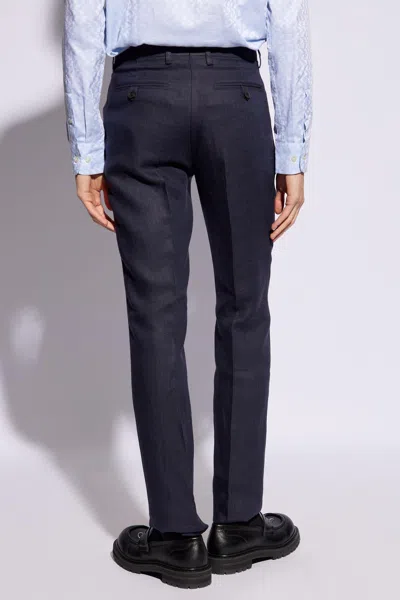 Shop Etro Linen Pleat-front Trousers In Blu Scuro