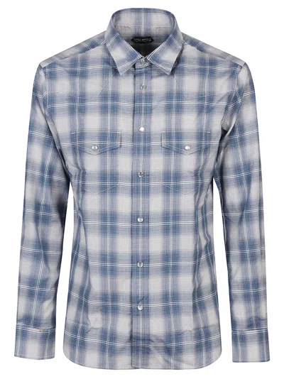 Shop Tom Ford Denim Western Slim Shirt In Zawdb Combo Dark Blue White