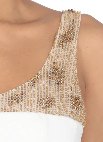 Shop Elisabetta Franchi Short Dress With Beads In Avorio