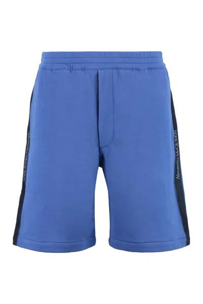 Shop Alexander Mcqueen Logo-tape Elasticated Waistband Jersey Shorts In Blue