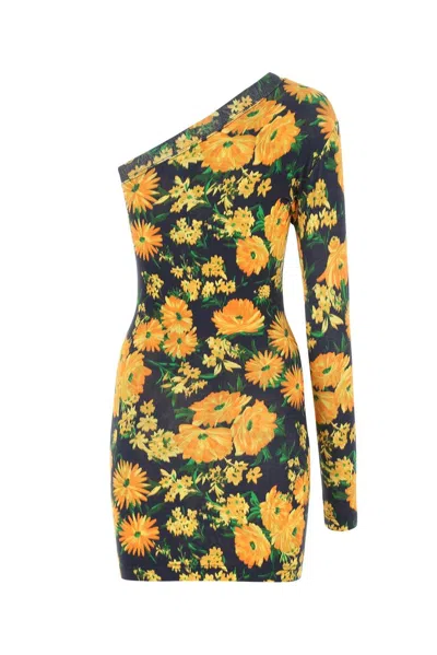 Shop Balenciaga Floral Printed One-shoulder Dress In Yellow