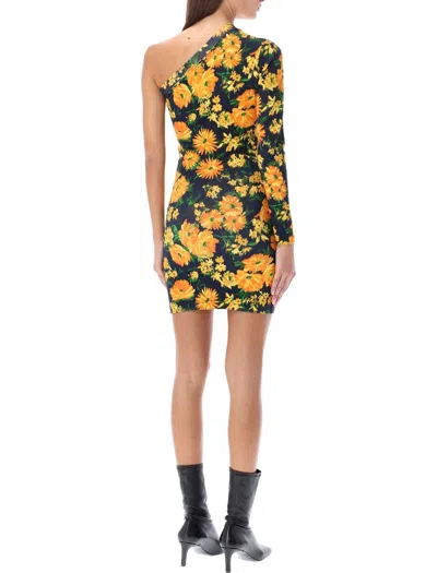 Shop Balenciaga Floral Printed One-shoulder Dress In Yellow