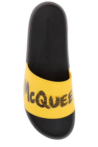 Shop Alexander Mcqueen Graffiti Logo Open-toe Slides In Yellow