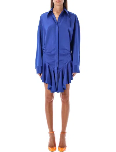 Attico Tartan Candice Pleated Satin Mini Shirt Dress In Blue Polyester In Blue