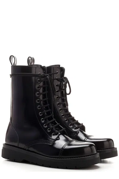 Shop Valentino Round Toe Lace-up Boots In Black