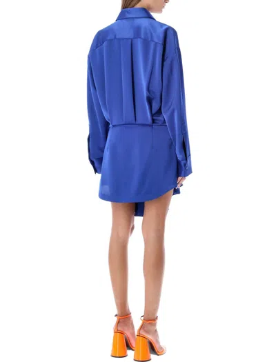 Attico Tartan Candice Pleated Satin Mini Shirt Dress In Blue Polyester In Blue