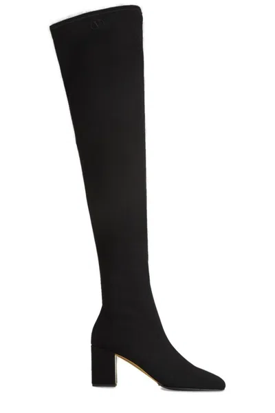 Shop Valentino Square Toe Thigh-length Boots In Black