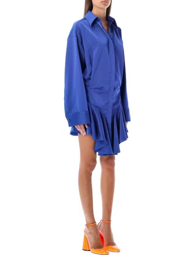 Attico Tartan Candice Pleated Satin Mini Shirt Dress In Blue Polyester In Blue