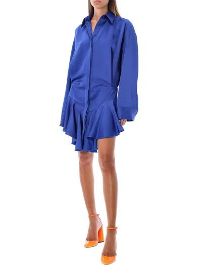Attico Tartan Candice Pleated Satin Mini Shirt Dress In Blue Polyester In Blue