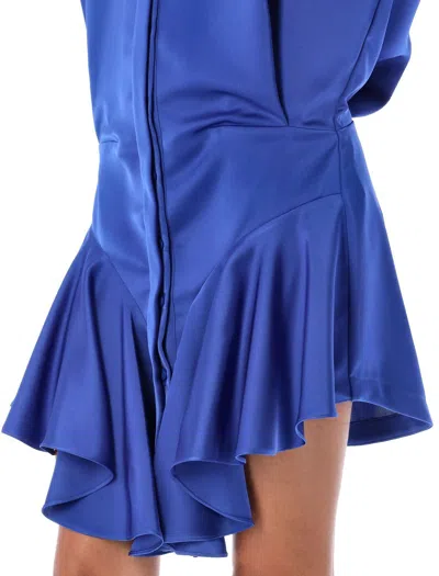 Attico Tartan Candice Pleated Satin Mini Shirt Dress In Blue Polyester In Blue