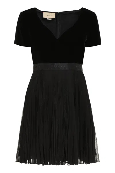 Shop Gucci V-neck Pleated Mini Dress In Black