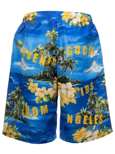 Shop Gucci Light-blue Swim Shorts With All-over Graphic Print In Nylon Man