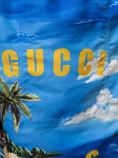 Shop Gucci Light-blue Swim Shorts With All-over Graphic Print In Nylon Man