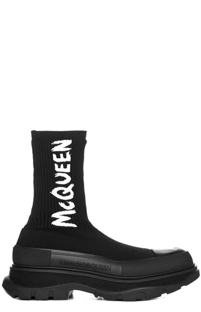 Shop Alexander Mcqueen Tread Slick Logo Intarsia Boots In Black