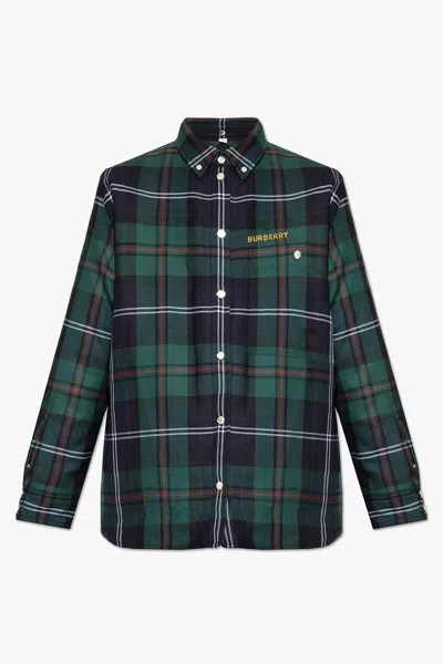 Burberry Embroidered Logo Check Wool Overshirt Dark Viridian Green In Green