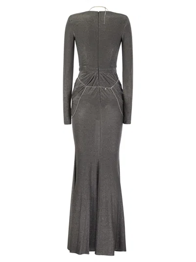 Shop Elisabetta Franchi Red Carpet Dress In Lurex Jersey With Body Chain In Piombo