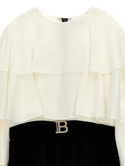Shop Balmain Tiered Sleeves Dress In White/black