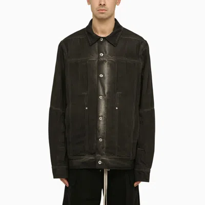 Shop Rick Owens Black Washed-effect Denim Jacket In Dark Dust