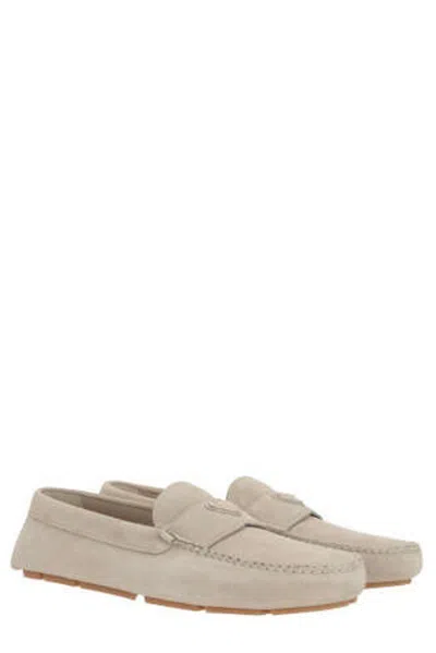 Shop Prada Logo Plaque Slip-on Loafers In Pomice