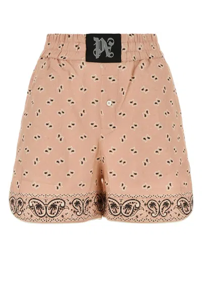 Shop Palm Angels Printed Linen Blend Shorts In Pink/black