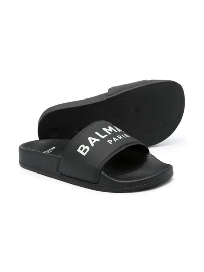 Shop Balmain Black Slippers With Logo