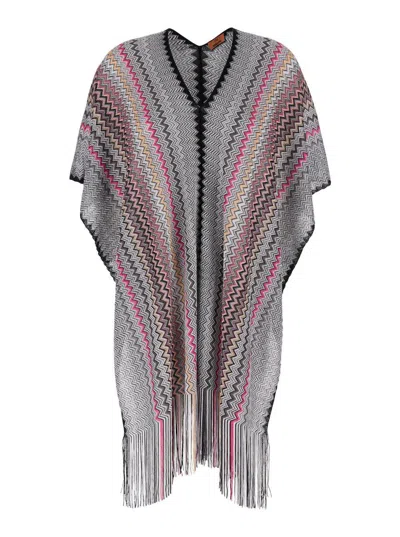 Shop Missoni Zigzag Printed Fringed-edge Poncho  In Multicolor