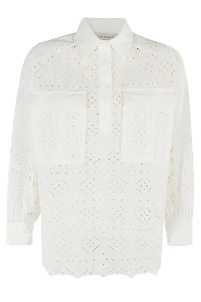 Ermanno Firenze Perforated Half Button Shirt In Off White
