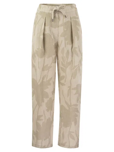 Shop Brunello Cucinelli Ramage Print Linen Slouchy Trousers  In Natural