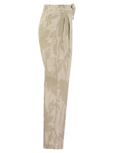 Shop Brunello Cucinelli Ramage Print Linen Slouchy Trousers  In Natural