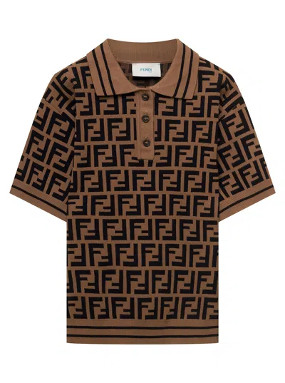 Shop Fendi Brown Knit Polo With All-over Ff Motif In Viscose Boy