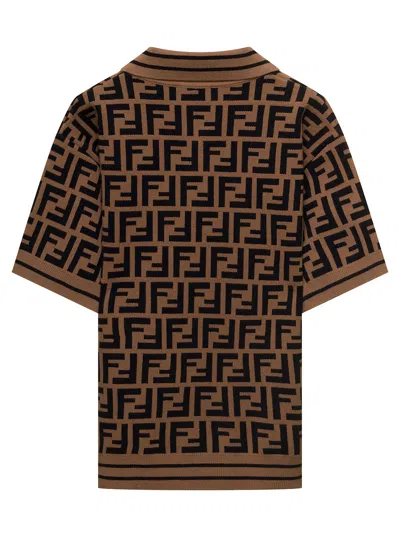Shop Fendi Brown Knit Polo With All-over Ff Motif In Viscose Boy