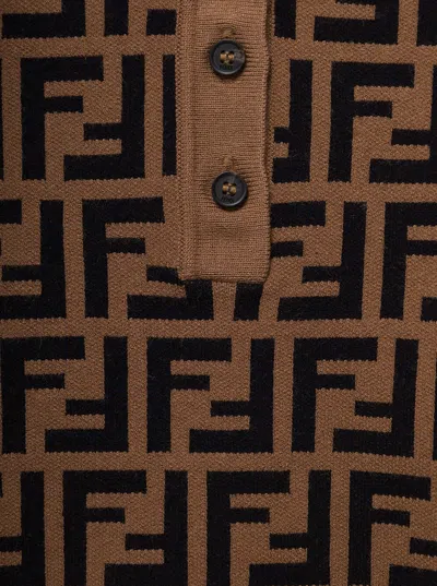 Shop Fendi Brown Knit Polo With All-over Ff Motif In Viscose Boy