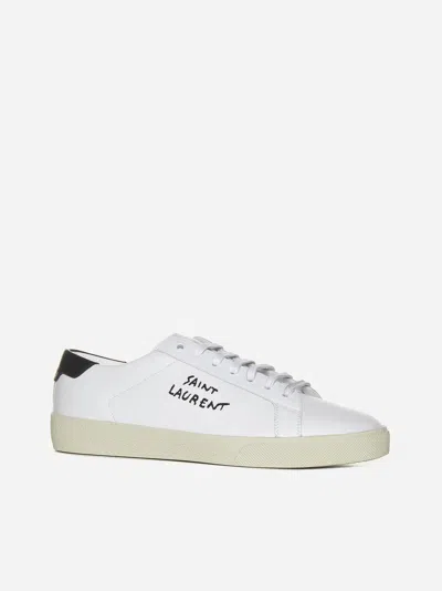 Shop Saint Laurent Logo Leather Low-top Sneakers In White