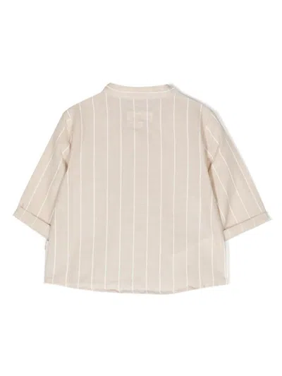 Shop Teddy &amp; Minou Pinstripe Linen Blend Shirt In Brown