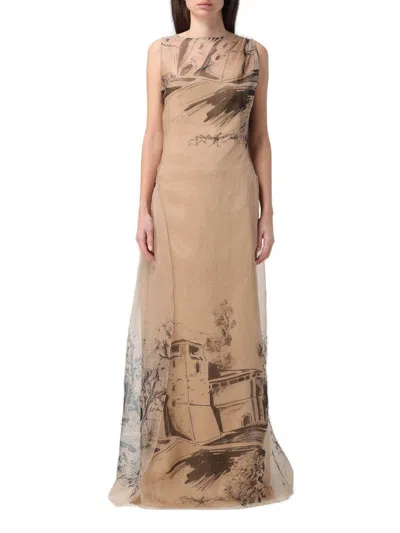 Shop Alberta Ferretti Floral-printed Tie Fastened Midi Dress  In Beige