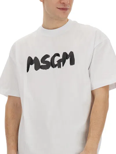 Shop Msgm T-shirt With Logo In Bianco