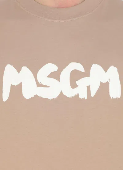 Shop Msgm Logo Printed Crewneck T-shirt In Beige
